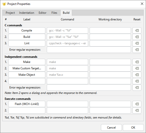 Geany Project Properties Build tab showing unset, grey default commands